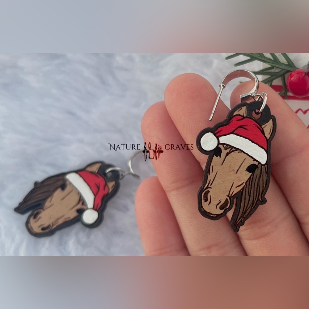 Hand painted Christmas Horse Earrings